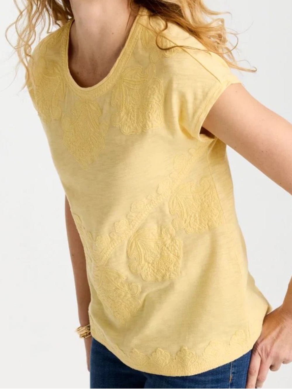 Chico’s Butter Yellow Cotton Embroidered Cap Sleeve Short Sleeve Top T-Shirt LG